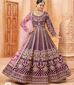 wine colour foil work art silk anarkali gown