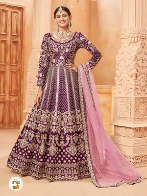 wine colour foil work art silk anarkali gown 2