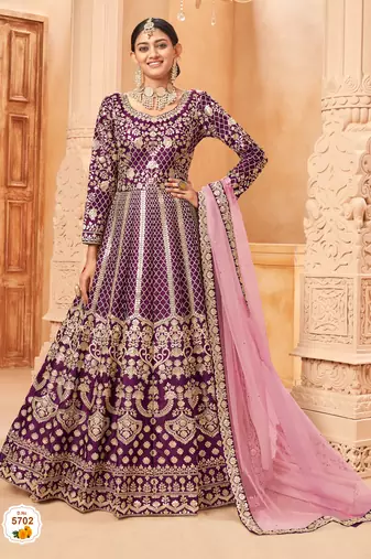 wine colour foil work art silk anarkali gown