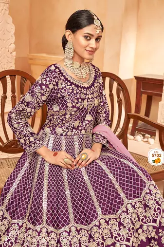 wine colour foil work art silk anarkali gown