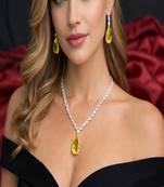 Yellow Teardrop Crystal Necklace Earrings Set | Silver Bridal Jewelry
