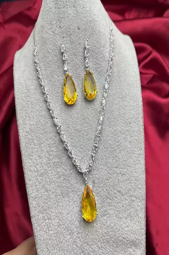 Yellow Teardrop Crystal Necklace Earrings Set | Silver Bridal Jewelry