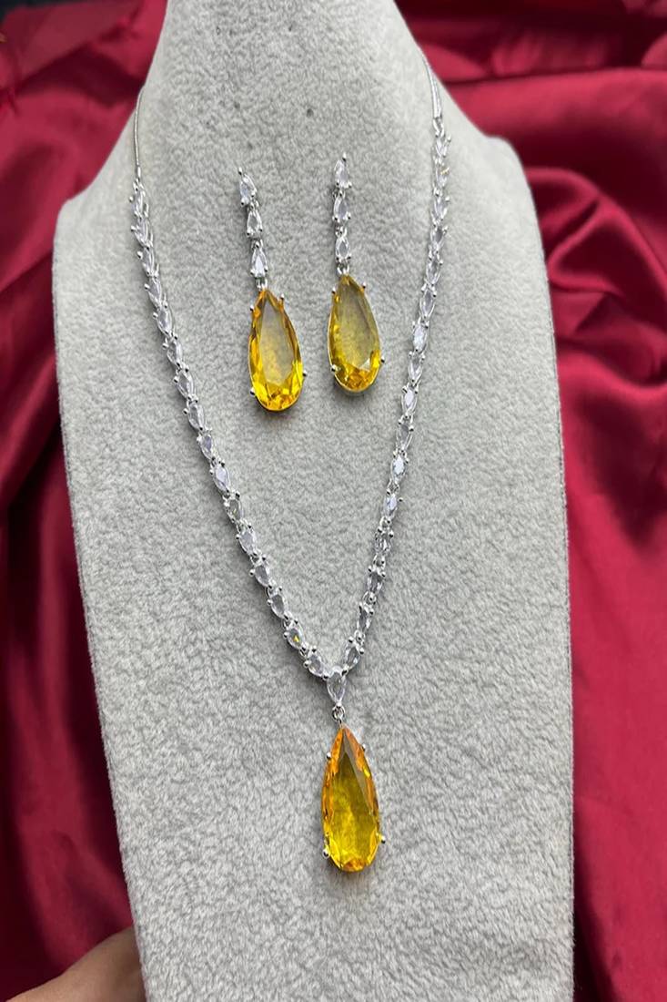 Yellow Teardrop Crystal Necklace Earrings Set | Silver Bridal Jewelry