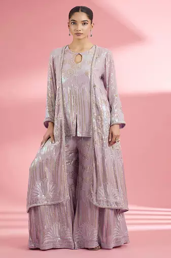 Dull pink georgette sharara cape set with thread and sequin work