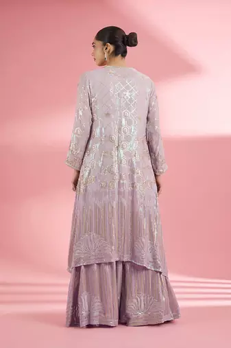 Dull pink georgette sharara cape set with thread and sequin work