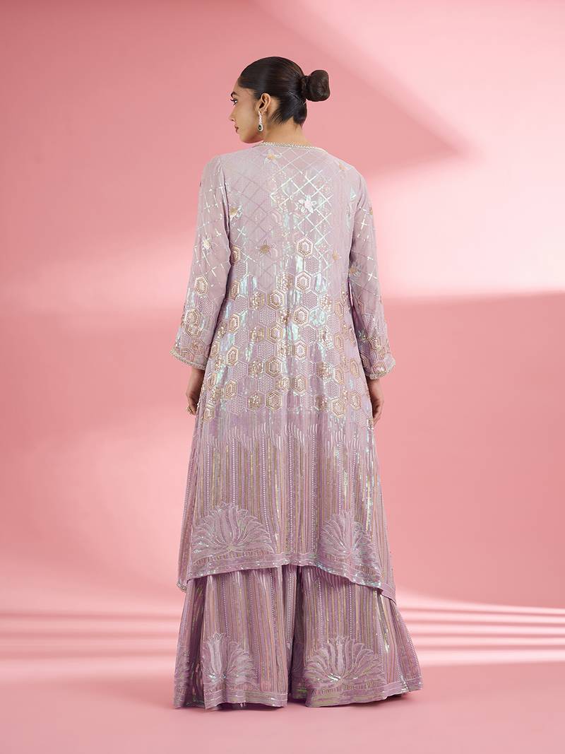 Dull pink georgette sharara cape set with thread and sequin work