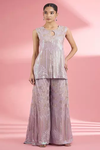 Dull pink georgette sharara cape set with thread and sequin work