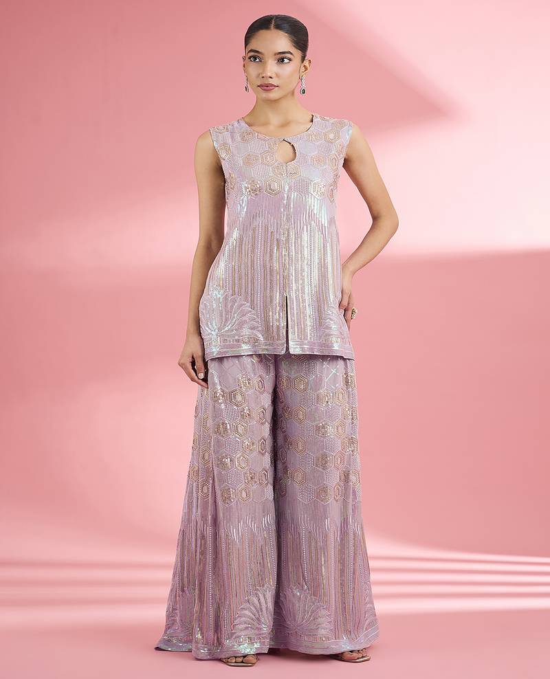 Dull pink georgette sharara cape set with thread and sequin work