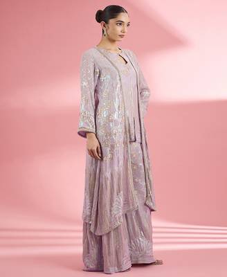 Dull pink georgette sharara cape set with thread and sequin work 4