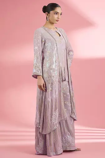 Dull pink georgette sharara cape set with thread and sequin work