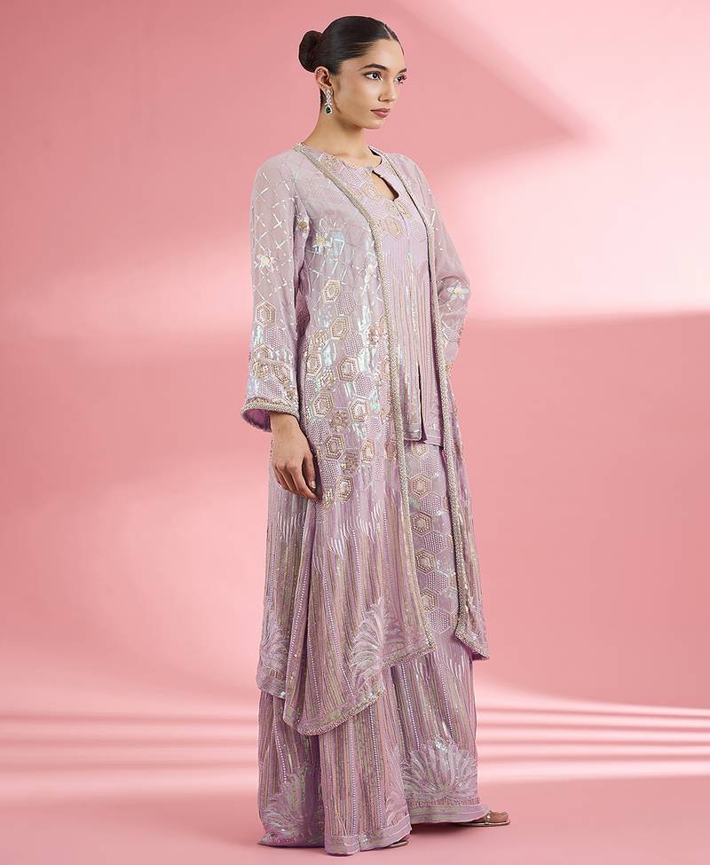 Dull pink georgette sharara cape set with thread and sequin work