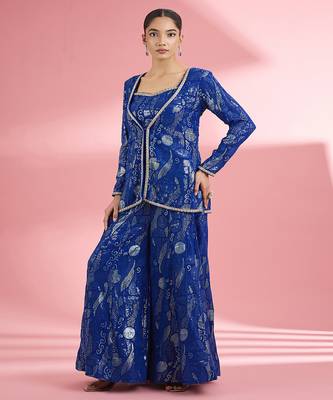 Royal blue  georgette sharara  set with thread and sequin work 1