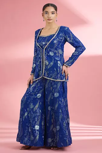 Royal blue  georgette sharara  set with thread and sequin work