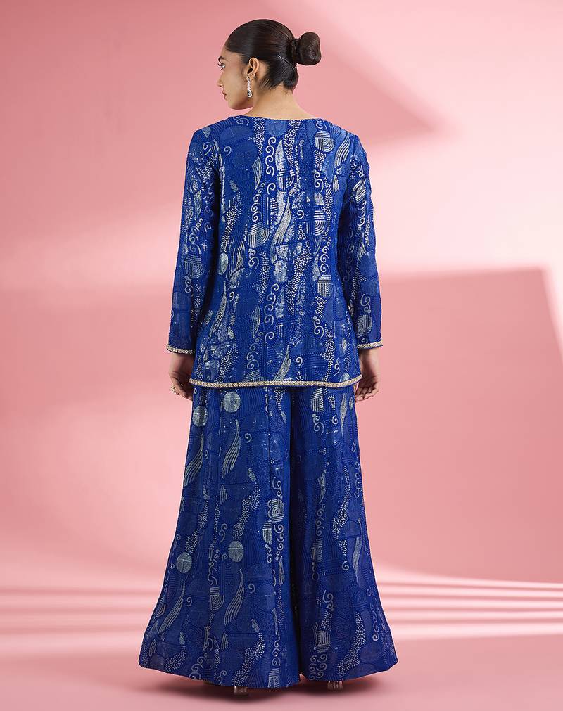 Royal blue  georgette sharara  set with thread and sequin work
