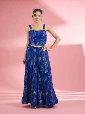 Royal blue  georgette sharara  set with thread and sequin work 3