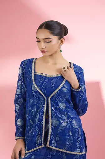 Royal blue  georgette sharara  set with thread and sequin work