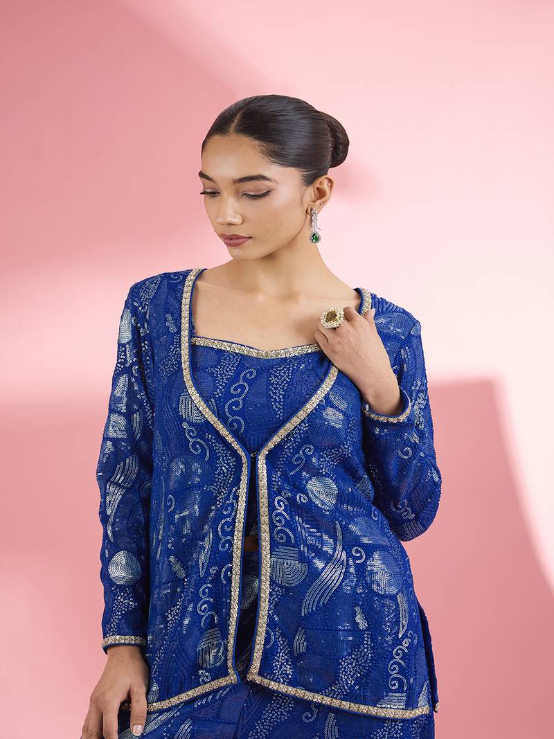 Royal blue  georgette sharara  set with thread and sequin work