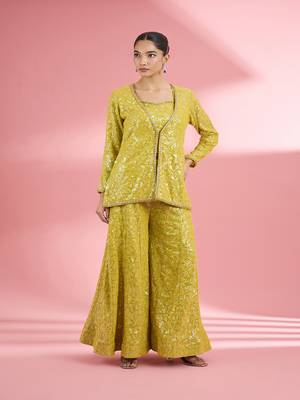 Lime green  georgette sharara  set with thread and sequin work 1