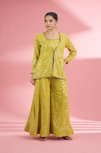 Lime green  georgette sharara  set with thread and sequin work