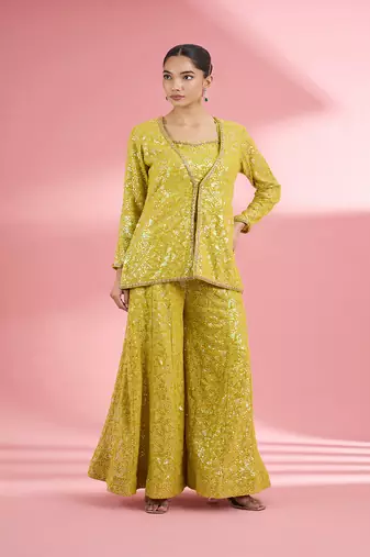 Lime green  georgette sharara  set with thread and sequin work