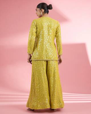 Lime green  georgette sharara  set with thread and sequin work 2