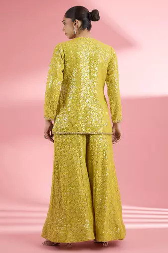 Lime green  georgette sharara  set with thread and sequin work