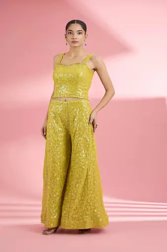 Lime green  georgette sharara  set with thread and sequin work