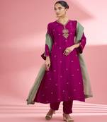 Fuscia katan silk hand embroidered kurta set