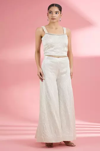 Ivory  georgette sharara  set with thread and sequin work