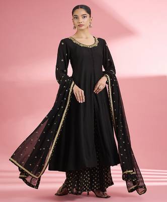 Black katan silk anarkali sharara set with hand embroidery 1