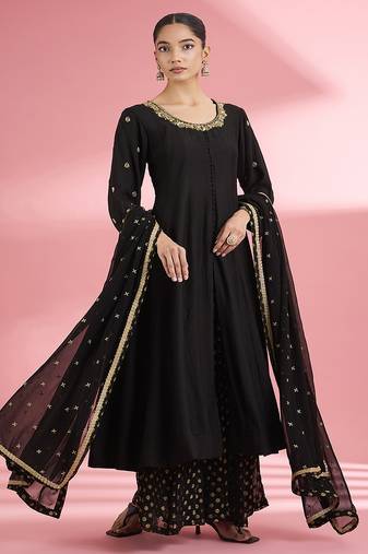 Black katan silk anarkali sharara set with hand embroidery