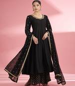 Black katan silk anarkali sharara set with hand embroidery