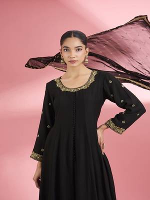 Black katan silk anarkali sharara set with hand embroidery 2