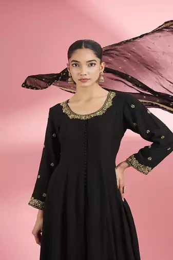 Black katan silk anarkali sharara set with hand embroidery