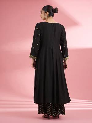 Black katan silk anarkali sharara set with hand embroidery 3