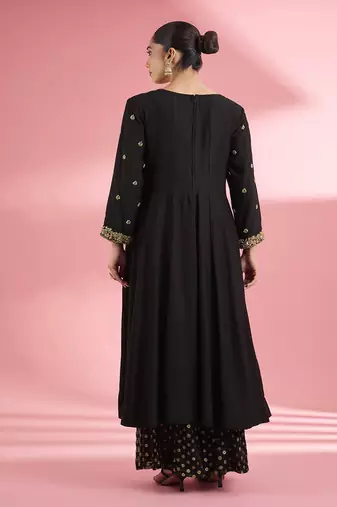 Black katan silk anarkali sharara set with hand embroidery