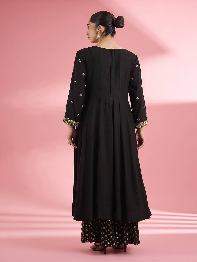 Black katan silk anarkali sharara set with hand embroidery