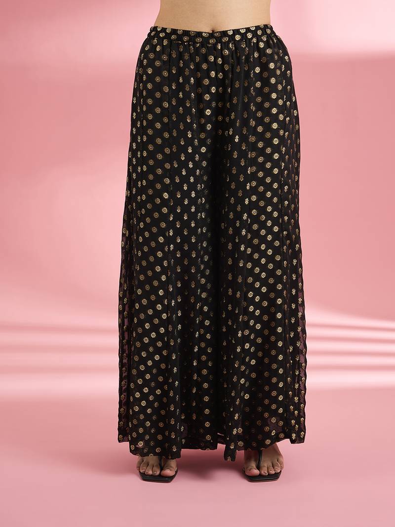 Black katan silk anarkali sharara set with hand embroidery