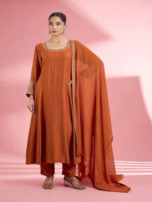 Rust katan silk hand embroidered kurta set 1