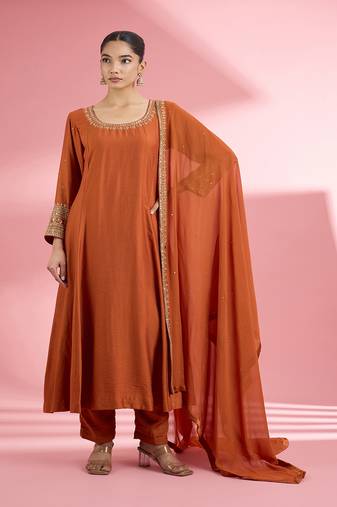 Rust katan silk hand embroidered kurta set