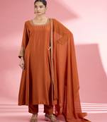 Rust katan silk hand embroidered kurta set