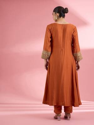 Rust katan silk hand embroidered kurta set 2