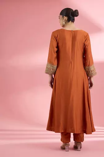 Rust katan silk hand embroidered kurta set