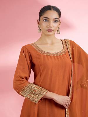 Rust katan silk hand embroidered kurta set 3