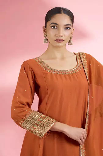 Rust katan silk hand embroidered kurta set