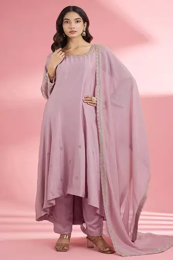 Pink katan silk hand embroidered kurta set