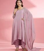Pink katan silk hand embroidered kurta set