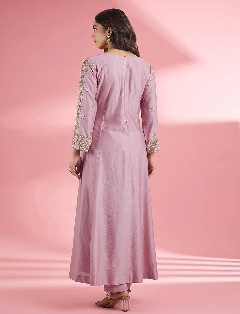 Pink katan silk hand embroidered kurta set