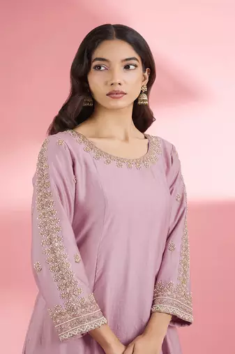 Pink katan silk hand embroidered kurta set