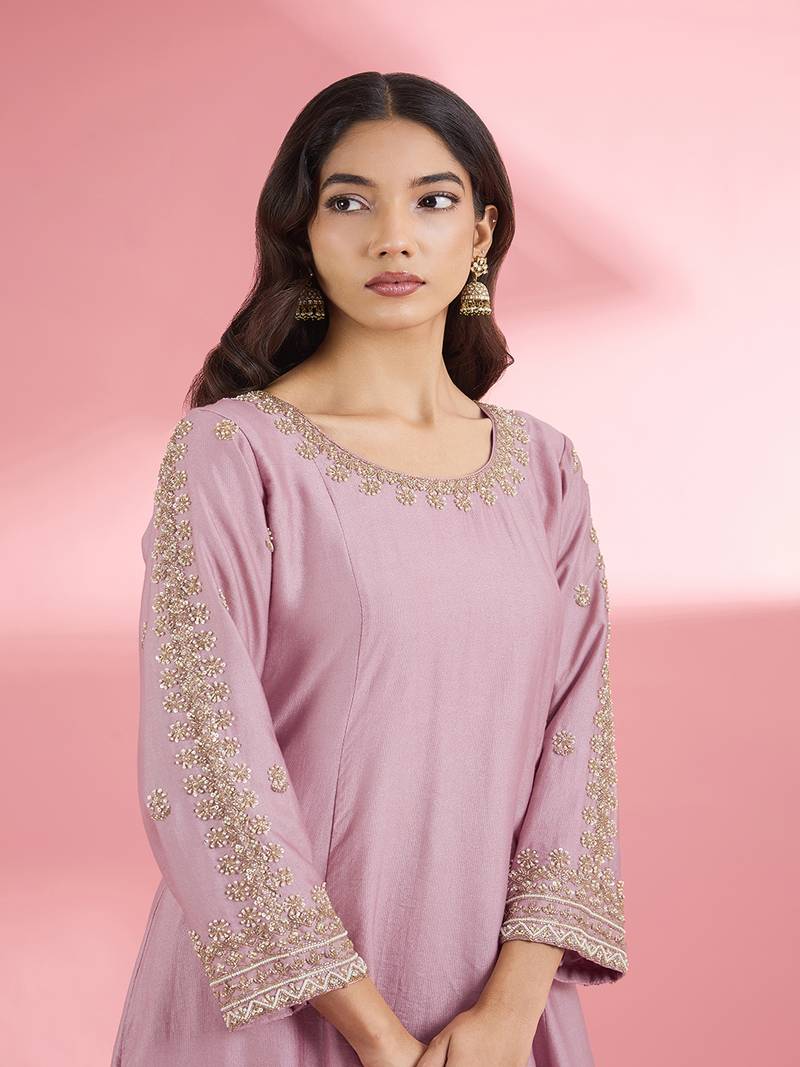 Pink katan silk hand embroidered kurta set